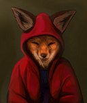 anthro brown_ears brown_nose canid canine clothed clothing eyes_closed fox front_view fur half-length_portrait jacket low_res male mammal martinballamore open_clothing open_jacket open_mouth open_topwear orange_body orange_fur portrait red_clothing red_jacket red_topwear simple_background solo tan_body tan_fur topwear