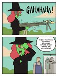 Rating: s
ID: 5596171
Date: 2025-05-24 22:19:07 -0400
Status: active
Score: 20
absurd_res beard black_clothing black_dress bodily_fluids bonnymama7 bullet clothing cloud comic day dialogue dress duo elphaba_(bonnymama7) english_text facial_hair female green_body green_skin gun hair happy hi_res holding_gun holding_object holding_ranged_weapon holding_weapon human humanoid laugh long_hair long_nose magic_user male mammal motion_lines not_furry open_mouth outside ranged_weapon sky smile sweat target text weapon witch post #5596171