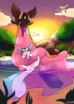 arceus being_watched blush bodily_fluids catjam_(artist) dialogue duo female feral gastrodon generation_4_pokemon genital_fluids goopy hi_res lake legendary_pokemon looking_at_another male nintendo pachirisu partially_submerged plant pokemon pokemon_(species) precum size_difference slime slime_on_face sunset text tree water west_sea_gastrodon