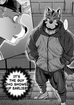 anthro biped canid canine canis clothed clothing comic domestic_dog ellipsis english_text fur hat headgear headwear male mammal monochrome nviek5 solo tail text