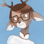 1:1 anthro antlers black_sclera brown_body brown_hair bust_portrait clothed clothing deer depanneur_nocturne eyewear glasses hair hi_res horn lemonade_fe mammal multicolored_body portrait short_hair solo two_tone_body