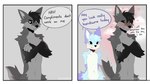 16:9 2023 anthro blue_body blue_fur canid canine crossed_arms dialogue digital_media_(artwork) duo english_text fingerless_(marking) fox fur gloves_(marking) heart_symbol male mammal markings navel speech_bubble spraykitty text white_body white_fur widescreen