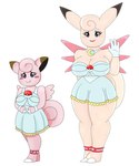 anthro big_breasts blue_eyes blush breasts clefable clefairy clothed clothing collar dress duo female generation_1_pokemon gloves hair handwear hi_res legwear nintendo pink_body pink_hair pokeball pokemon pokemon_(species) simple_background tail urusee584 white_background wings