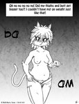 2016 anthro belly bottomwear breasts butt clothed clothing comic denim denim_bottomwear denim_clothing domestic_cat english_text felid feline felis female hair hi_res if_hell_had_a_taste jeans mammal marci_hetson monochrome navel open_mouth overweight overweight_anthro overweight_female panties pants solo text topless underwear viroveteruscy