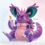 1:1 2016 anthro digital_media_(artwork) digital_painting_(artwork) eyes_closed generation_1_pokemon horn male nidoking nintendo nude pokemon pokemon_(species) scalie solo tsaoshin