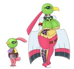 anthro armwear beak belt big_breasts breasts clothing collar dress duo feathers female generation_2_pokemon green_body grey_eyes hair hi_res huge_breasts legwear natu nintendo pink_hair pokeball pokemon pokemon_(species) simple_background tail urusee584 white_background wings xatu