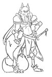 3_toes absurd_res anthro armor belt big_tail bottomwear canid canine canis cape clothed clothing facial_scar feet fluffy fluffy_tail gaius_(snoutless) gaiusverse hair hand_on_hip hi_res long_hair long_tail looking_at_viewer male mammal melee_weapon monochrome mythological_canine mythological_creature mythology notched_ear pauldron scar snoutless solo spiked_armor spikes standing sword tail toes topwear weapon were werecanid werecanine werewolf wolf