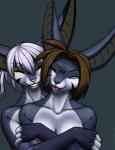 2014 anthro anubian_jackal archived_source areola black_nose blink_(character) blue_body blue_eyes blue_fur breasts brown_hair canid canine canis cherushi_(character) covering covering_breasts duo ervajak eyes_closed facial_markings felid feline female fur furball grey_background hair head_markings hug hybrid jackal long_ears mammal markings nipples one_eye_closed open_mouth serval simple_background smile tongue tongue_out white_body white_fur white_hair yellow_nose