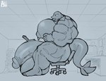 anthro balls big_balls big_muscles big_penis clothing digital_media_(artwork) generation_5_pokemon genitals hi_res huge_balls huge_muscles huge_penis humanoid_genitalia humanoid_penis hyper hyper_balls hyper_genitalia hyper_muscles hyper_penis male monochrome muscular muscular_anthro muscular_male nintendo nipples pecs penis pokemon pokemon_(species) reptile scalie simple_background snivy solo supermattym8