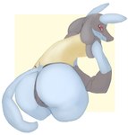 anthro blue_body blue_fur butt fur generation_4_pokemon grey_body grey_fur hardscales hi_res leaning leaning_forward looking_at_viewer lucario male mouth_closed multicolored_body multicolored_fur nintendo pokemon pokemon_(species) presenting presenting_hindquarters red_eyes simple_background solo yellow_body yellow_fur