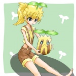 1:1 alternate_species blonde_hair bottomwear clothing cosplay costume duo elemental_creature female flora_fauna generation_2_pokemon hair human humanized low_res mammal nintendo plant pokemon pokemon_(species) pokemon_costume ponytail ranphafranboise shorts sunkern suspenders