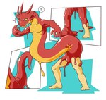 anthro athletic dragon goo_creature goo_transformation horn human humanoid lizardman_(artist) long_body male mammal mythological_creature mythological_scalie mythology nude red_body scalie sequence shocked solo tail transformation