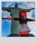 2023 5_fingers christ_the_redeemer clothed clothing demon demon_humanoid eyebrows female fingers hair horn horned_humanoid humanoid humanoid_pointy_ears meru_(merunyaa) merunyaa not_furry photo_background photography_(artwork) pointy_ears red_body red_skin solo t-pose