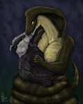 4:5 absurd_res anthro badger breasts brown_eyes coiling duo extreme_french_kiss fangs female french_kissing fur godret'nu_(uncrom) green_eyes hi_res ivan_(uncrom) kissing male male/female mammal multicolored_body multicolored_fur mustelid musteline neck_bulge nipples reptile scales scalie simple_background slightly_chubby slightly_chubby_male snake teeth uncrom yenocwolf