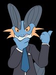 alpha_channel anthro blue_body clothed clothing colored generation_3_pokemon gesture hand_gesture hand_on_chin kipaki male nintendo orange_eyes pokemon pokemon_(species) simple_background solo suit swampert thumbs_up transparent_background