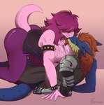 absurd_res alasdair_lindsay anthro clothed clothing deltarune duo farinox female female_on_top fishnet_clothing hi_res kissing love male male/female on_top susie_(deltarune) topless undertale_(series)