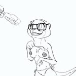 1:1 2023 4_fingers anthro breasts camel_toe clothed clothing digital_drawing_(artwork) digital_media_(artwork) disembodied_hand disney duo eyewear female fingers food glasses grin holding_food holding_object mammal monochrome mustelid nipples otter pawpsicle popsicle sam_(zootopia) simple_background smile solo_focus swimwear thermite topless topless_female undressing zootopia