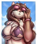 2024 anthro big_breasts bikini bracelet breasts clothing eyewear female hi_res jewelry lightly-san looking_at_viewer mammal mustelid olivia_lowenheart otter simple_background solo sunglasses swimwear two-piece_swimsuit