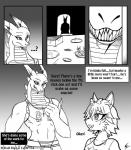 2015 anthro clothed clothing comic dragon english_text felid female grey_background grin hi_res if_hell_had_a_taste male mammal marci_hetson monochrome mythological_creature mythological_scalie mythology scalie scar simple_background skylar_fidchell smile text viroveteruscy