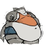 anthro belly belly_jiggle belly_overhang beverage big_belly clothed clothing comerboy75 english_text fish gills great_white_shark grey_body grey_skin hand_on_belly hi_res holding_beverage holding_object jiggling mackerel_shark male marine moobs motion_lines navel obese obese_anthro obese_male open_mouth overweight overweight_anthro overweight_male shark simple_background solo sound_effects surprise teeth text thick_thighs turin_montana weight_gain white_background white_shark