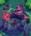 2022 animate_inanimate anthro biceps big_biceps big_muscles big_pecs bulge button_prompt clothed clothed_anthro clothed_male clothing colored colored_line_art digital_drawing_(artwork) digital_media_(artwork) epic_games fortnite fully_clothed fully_clothed_anthro fully_clothed_male fur gameplay_mechanics gun hi_res holding_gun holding_object holding_ranged_weapon holding_weapon hud living_pinata lt._john_llama lying male mammal muscular muscular_anthro muscular_male on_back on_ground pecs pinata ranged_weapon shaded solo vier_punksterne weapon