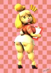 2024 3d_(artwork) absurd_res animal_crossing anthro biped bottomwear canid canine canis checkered checkered_background clothed clothed_anthro clothed_female clothing digital_media_(artwork) domestic_dog english_text female female_anthro full-length_portrait handwritten_text hi_res imdajasperbaby isabelle_(animal_crossing) looking_at_viewer looking_back looking_back_at_viewer mammal muscular muscular_thighs nintendo pattern_background plantigrade portrait pose shaded signature simple_background skirt soft_shading solo standing surprised_expression text three-quarter_view warm_colors white_bottomwear white_clothing white_skirt