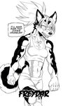 3:5 abs anthro breasts canid canine canis clothing daigaijin dialogue domestic_dog english_text female freydar_(furryfight_chronicles) fur furryfight_chronicles hair hi_res mammal midriff monochrome navel shirt solo tank_top text topwear