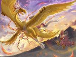 bandai_namco biyomon blue_eyes claws digimon digimon_(species) duo evolutionary_family feathers feet feral flying hi_res hououmon mask multi_wing nigreenwalker pink_body pink_feathers sunset talons toes wings yellow_body yellow_feathers