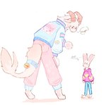 2023 2_horns anthro bell_on_tail black_eyes blue_bottomwear blue_clothing blue_jacket blue_pants blue_topwear bottomwear bunonthemoon clothing curved_horn duo fur furgonomic_pants hoodie horn jacket male pants pink_bottomwear pink_clothing pink_hoodie pink_pants pink_topwear size_difference slim_anthro slim_male topwear white_body white_fur