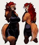 2024 5_fingers amira_winters anthro back_muscles backless_clothing backless_dress big_breasts black_nose blue_eyes breasts brown_body brown_fur canid canine clothed clothed_anthro clothed_female clothing docibot dress female fingers fur gloves_(marking) hair hi_res humanoid_hands long_hair mammal maned_wolf markings muscular muscular_anthro muscular_female red_hair shaded smile solo tail tan_body tan_fur