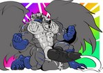 absorption_vore absurd_res anthro anthro_pred big_muscles big_pecs canid canine canis digestion duo flickrtail fur genitals growth hi_res hybrid male male/male mammal multicolored_body multicolored_fur muscle_growth muscular muscular_anthro muscular_male nipples nude pecs pectoral_vore penis stripes trencalos vein veiny_arms veiny_penis vore wings