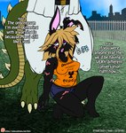 2017 anthro belt black_body black_fur blake_sinclair blonde_hair blue_eyes bottomwear breasts buckteeth building bulge clothing colored comic dragon duo english_text eyeshadow female fence fur grass green_body green_scales hair if_hell_had_a_taste lagomorph leporid makeup male mammal multicolored_body multicolored_scales mythological_creature mythological_scalie mythology nipple_outline notched_ear open_mouth pants plant rabbit scales scalie scar shirt shorts sky skylar_fidchell suit tail teeth text topwear two_tone_body two_tone_scales url viroveteruscy yellow_body yellow_scales