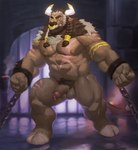 abs absurd_res anthro balls beard biceps big_muscles blizzard_entertainment bodily_fluids bovid bovine cattle chained_cuffs clenched_teeth cuff_(restraint) cum cum_drip dripping eye_scar facial_hair facial_piercing facial_scar foreskin front_view genital_fluids genitals hair half-erect hi_res hooves horn male mammal muscular muscular_male nipples nose_piercing nose_ring nude paladin_(wildigu) pecs penis piercing pubes qigiu quads red_eyes restraints retracted_foreskin ring_piercing scar shackles solo standing tauren teeth vein veiny_penis warcraft