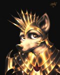 4:5 absurd_res anthro armor black_background black_nose brown_eyes canid canine canis clothing domestic_dog fur glistening glistening_eyes gold_(metal) gold_armor gold_suit gwolk headgear helmet hi_res inner_ear_fluff looking_at_viewer looking_back looking_back_at_viewer male mammal monotone_body monotone_face monotone_fur reflection reflective_clothing shaded simple_background solo spiked_armor spikes suit topwear tuft warrior white_body white_fur