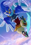 action_scene anthro avian breath_of_the_wild chikichikitaron feet hi_res imminent_grab loose_hair male nintendo revali rito scarf sky solo the_legend_of_zelda winged_arms wings