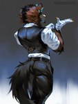 2024 3:4 anthro biped black_body black_fur blue_body blue_fur brown_body brown_fur clothing ear_piercing ear_ring fur hi_res hyena looking_at_viewer male mammal muscular muscular_anthro muscular_male piercing ring_piercing simargl_(artist) solo standing topwear vest wearing_gloves