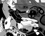 alternative_fashion anthro bat bottomwear canid canine car cheek_tuft chest_tuft clothing denim denim_bottomwear denim_clothing denim_jacket denim_topwear denim_vest duo eyes_closed facial_tuft fluffy fluffy_tail fox greyscale hoodie inside_car inside_vehicle jacket jeans kerchief male mammal monochrome open_mouth open_smile pants patch_(fabric) print_clothing print_shirt print_t-shirt print_topwear punk sharp_teeth shirt sins_(sinsquest) sinsquest sitting smile spiked_jacket sprite_(soda) t-shirt tail teeth tongue tongue_out topwear torn_bottomwear torn_clothing torn_pants trans_(lore) trans_man_(lore) tuft vehicle vest wide_eyed