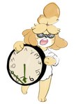 2018 animal_crossing anthro barefoot canid canine canis clock clothed clothing digital_media_(artwork) domestic_dog eyewear feet female filthy_frank hi_res humor isabelle_(animal_crossing) it's_time_to_stop mammal meme nintendo open_mouth paws simple_background solo standing sunglasses teabro white_background