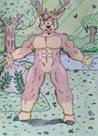 2024 5_fingers abs anthro antlers barazoku biceps big_pecs black_nose blue_eyes bodily_fluids brown_body brown_fur chest_tuft cloven_hooves colored_pencil_(artwork) crying dashthefox deer detailed detailed_background fingers first_person_view flower fur grass happy heaven hi_res hooves horn looking_at_viewer male mammal manly multicolored_body multicolored_fur muscular muscular_anthro muscular_arms muscular_legs muscular_male nature nature_background nude obliques pecs plant river rock solo tears tears_of_joy teary_eyes traditional_media_(artwork) tree tuft