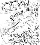 anthro back_spikes belly biped breasts claws comic dragon english_text explosion eyelashes fangs female hi_res horn monochrome mythological_creature mythological_scalie mythology nude open_mouth red_(sluggabed) scalie sketch sketch_page slightly_chubby sluggabed solo spiked_tail spikes spikes_(anatomy) tail teeth text wingless_dragon