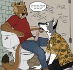 aloha_shirt animal_genitalia anthro bathroom bodily_fluids canid canine canis clothed clothed_sex clothing cougar cum cum_string duo english_text erection felid feline fellatio genital_fluids genitals hand_under_chin humanoid_genitalia humanoid_penis hybrid_genitalia hybrid_penis lupe_(lupinzpack) lupinzpack male male/male mammal ned_poynter oral pattern_clothing pattern_shirt pattern_topwear penile penis proportionally_endowed public_restroom restroom_stall sex sheath sheathed_humanoid_penis shirt speech_bubble tail text toilet topwear wolf