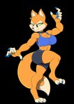 2022 alpha_channel anthro big_breasts big_tail blue_nails bottomwear bra breasts brutal_paws_of_fury canid canine clothing colored_nails crop_top curvy_figure ear_piercing ear_ring eyelashes female fox foxy_roxy fur green_eyes hi_res hindpaw mammal meatboom nails orange_body orange_fur paws piercing pose ring_piercing shirt shorts smile smirk solo sports_bra sportswear tail topwear underwear