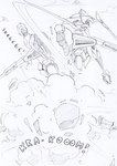 aircraft airship black_and_white cloud comic destroyed_vehicle destruction explosion kitfox-crimson machine mecha monochrome onomatopoeia sketch sky skyscape slicing sound_effects stolen_generation text vehicle zero_pictured