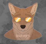 2022 anthro black_nose blood-wolf94 brown_body brown_fur brown_tuft bust_portrait camo camo_background canid canine canis colored countershade_face countershading coyote dated digital_media_(artwork) eyebrows eyewear front_view fur glistening glistening_eyewear glistening_sunglasses inner_ear_fluff male mammal orange_eyewear orange_sunglasses orthographic outline portrait scp-2547-1 scp_foundation signature smile solo sunglasses tuft watermark white_outline