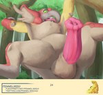 2022 absurd_res animal_genitalia animal_penis balls big_ears capcom chest_tuft erection fennelseed feral flared_penis forest fur genitals hi_res kecha_wacha looking_at_viewer male monster_hunter multicolored_body multicolored_fur open_mouth outside penis plant primatius proboscis_(anatomy) sharp_teeth solo spread_legs spreading swinging teeth text tongue tongue_out tree trunk_(anatomy) tuft url vein veiny_penis