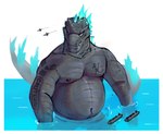 2024 alkaide anthro biped black_body black_eyes black_scales blue_body blue_scales godzilla godzilla_(series) kaiju looking_at_viewer macro macro_focus male micro nipples nude_anthro nude_male scales slightly_chubby slightly_chubby_anthro slightly_chubby_male solo tattoo toho yellow_sclera