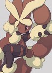 3_fingers ankle_tuft anthro arm_tuft biped black_clothing black_sclera black_topwear breasts brown_body brown_fur cleavage clothed clothing ear_tuft female fingers fur generation_6_pokemon hi_res kintsugeist leg_tuft long_ears mega_evolution mega_lopunny nintendo pink_eyes pink_inner_ear pink_nose pokemon pokemon_(species) pupils scut_tail short_tail simple_background small_breasts solo tail topwear tuft wrist_tuft