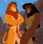 abs anthro anthrofied balls biceps black_hair black_mane body_hair brown_body brown_eyes brown_fur brown_mane crossed_arms disney duo erection facial_scar felid fur genitals green_eyes hair happy_trail hi_res humanoid_genitalia humanoid_penis intraspecies koutou kovu_(the_lion_king) lion looking_at_viewer male male/male mammal mane muscular muscular_male navel nipples nude orange_body orange_fur outside pantherine pecs penis pseudo_incest_(lore) red_mane scar simba_(the_lion_king) smile standing tan_body tan_fur the_lion_king third-party_edit vein yellow_body yellow_fur