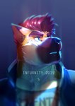 2019 anthro black_background black_nose blue_clothing blue_eyes blue_jacket blue_topwear brown_body brown_eyebrows brown_fur canid canine canis clothing countershade_face countershade_fur countershade_neck countershading dated domestic_dog eyebrows fur gradient_background hair half-length_portrait hi_res infurnity jacket looking_up male mammal multicolored_body multicolored_fur nviek5 pointy_ears portrait prick_ears red_hair shirt short_hair simple_background snout solo teeth topwear two_tone_body two_tone_fur