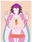 abdominal_bulge absurd_res anthro balls_deep big_dildo bottomwear breasts carrot clothing crop_top deep_throat dildo dildo_in_mouth double_v_sign female floppy_ears food gesture hand_gesture head_back head_tilt hi_res hotpants kondraalo lagomorph leporid lop_ears mammal neck_bulge oral oral_penetration penetration plant rabbit remmy_(remybunny) ridiculous_fit sex_toy sex_toy_in_mouth sex_toy_insertion shirt shorts solo thigh_gap tongue tongue_out topwear under_boob v_sign vegetable